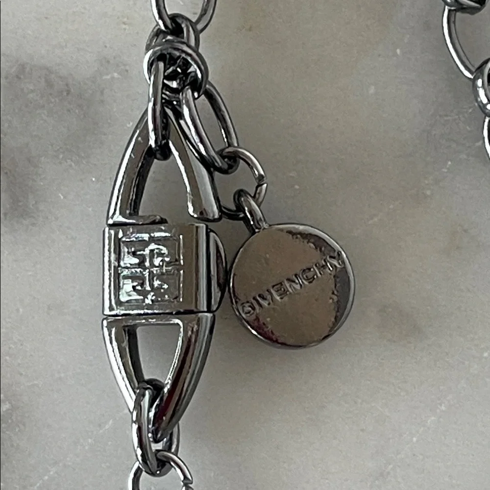 GIVENCHY Silver Gunmetal Necklace Y Drop Blue Crystals Vintage - Picture 5 of 17